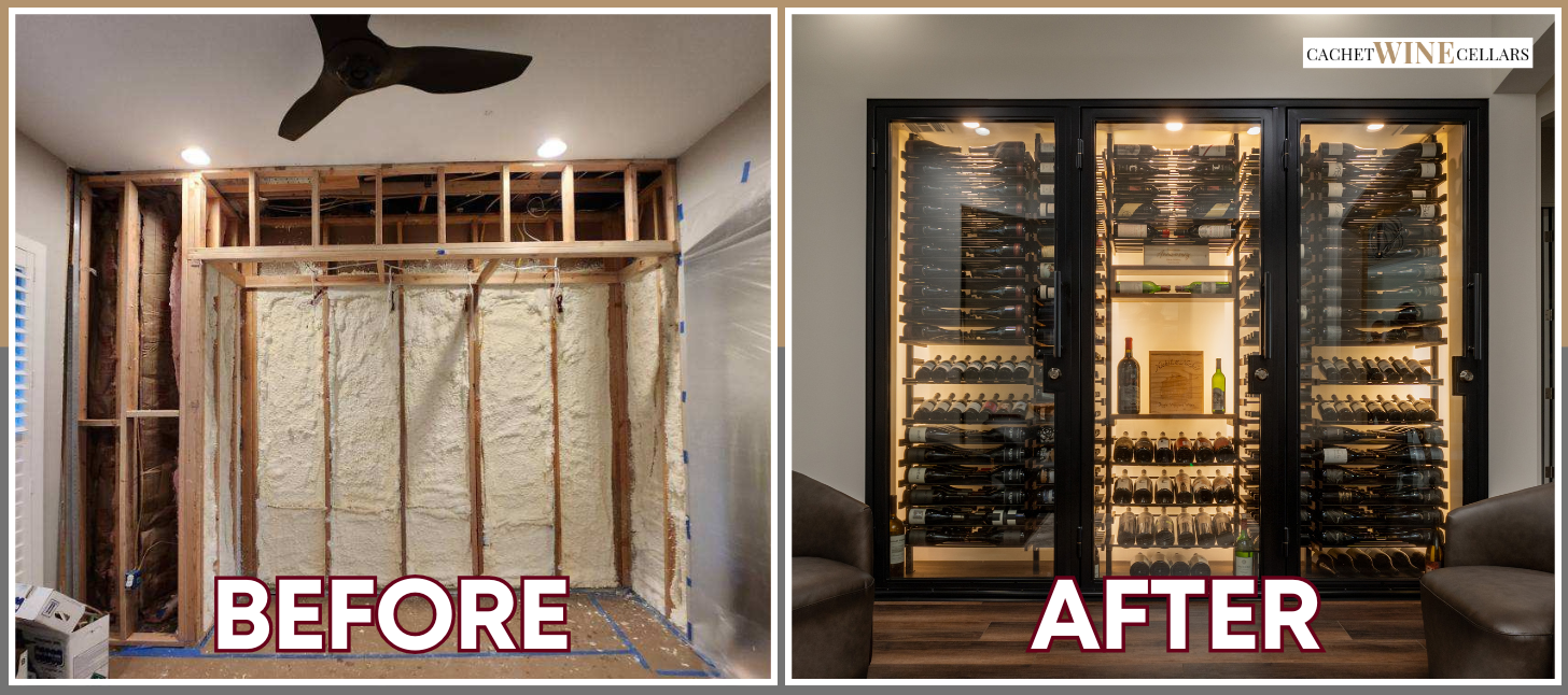 Start your wine cellar journey by reaching out to our experts! Transformation of a green cabinet into a modern wine room in an Orange County Home