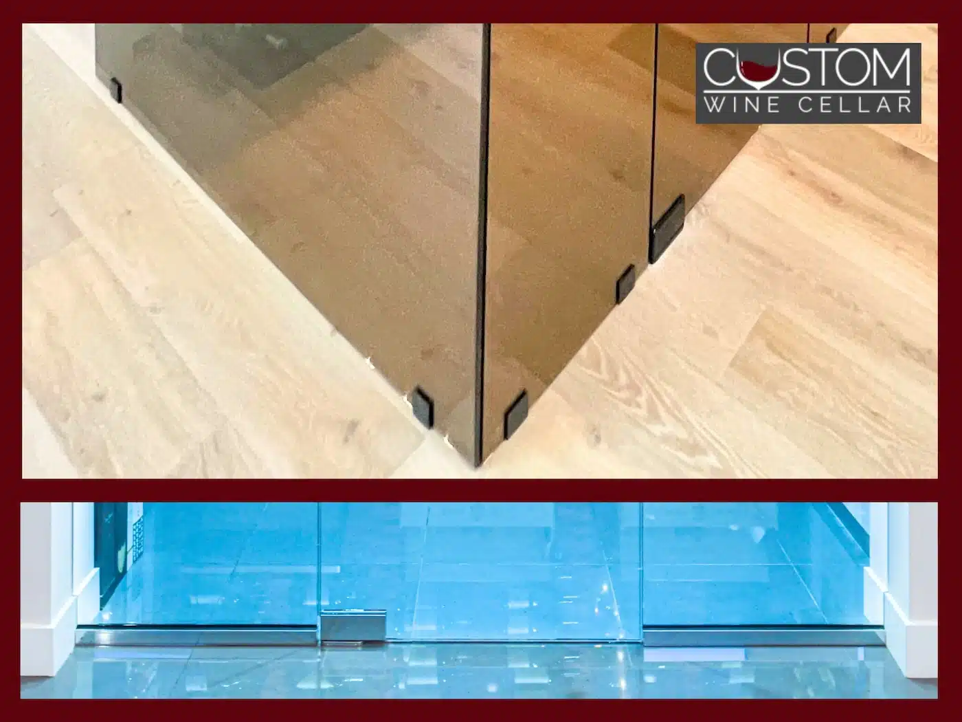Matte black and chrome stoppers that secure frameless glass panels in place inside a wine cellar.