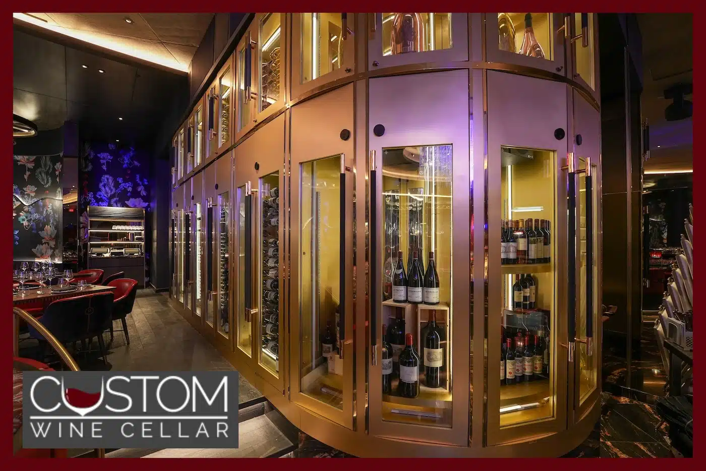 Full photo of a 20x15 ft luxury restaurant wine cellar design with dual-paned glass doors