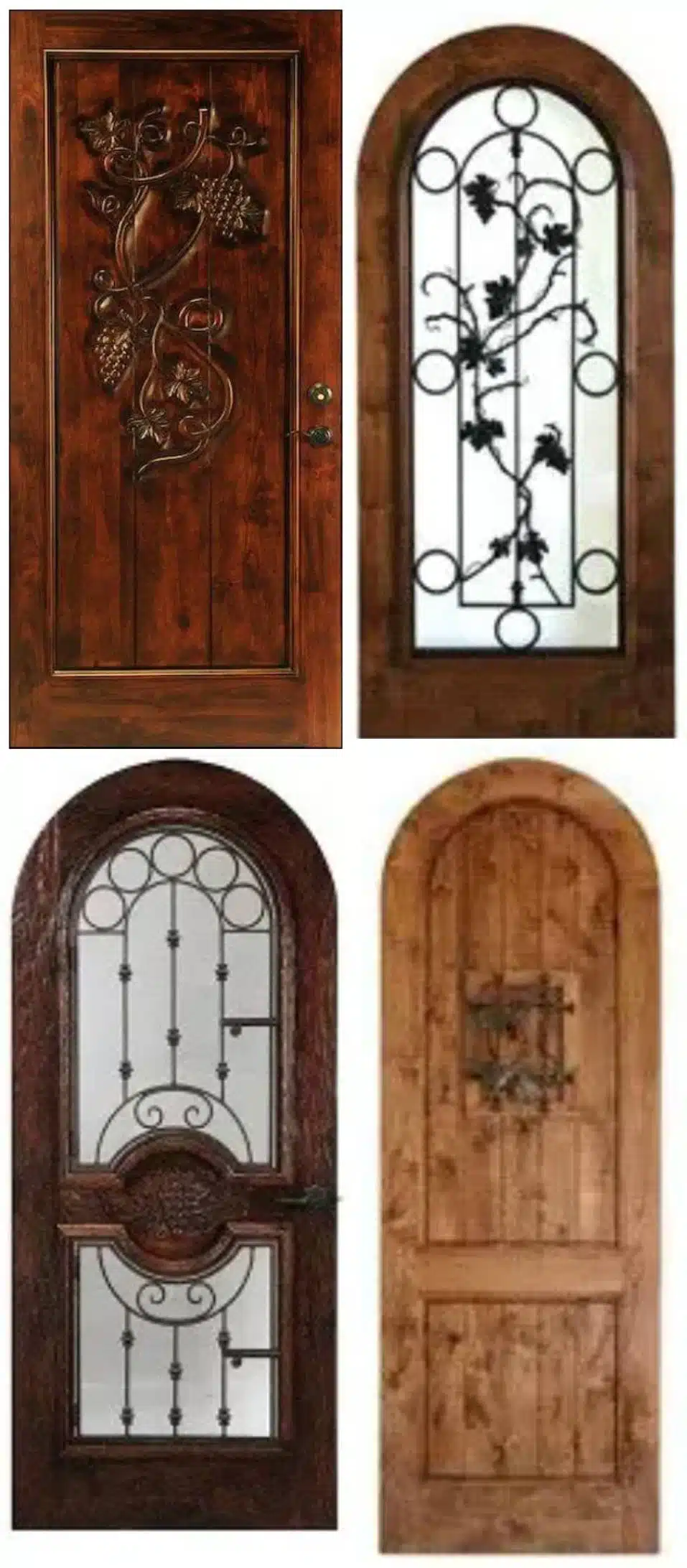 a photo of 4 types of wooden wine cellar doors, arched and rectangular, with carvings and iron detailing