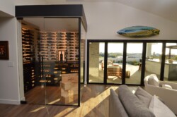 18 - Beautiful Modern Glass Wine Cellar in a Living Room in California Beautiful Modern Glass Wine Cellar in a Living Room in California