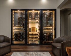 1 - This modern glass wine closet exudes a beautiful display in an Orange County home Modern glass wine closet in an Orange County home