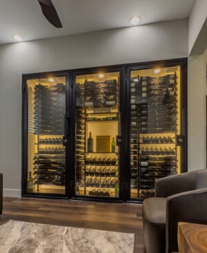 2 - Modern design of framed glass wine closet in  Orange County Orange County Framed Glass Wine Closet