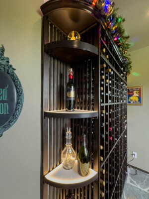 9- Black-stained Wooden Wine Racks with Glasswares